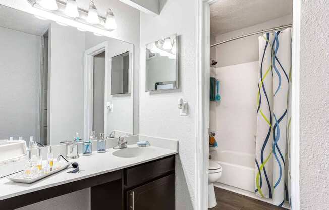 a bathroom with a sink and a mirror at Elea Apartments in Marietta, GA