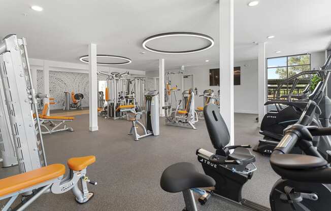 a gym with cardio equipment and weights in a building