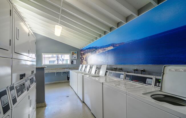 A row of washing machines in a laundromat.