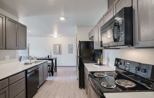 Kitchen looking into dining area. Hardwood floors and aisle style kitchen. at Altitude, East Wenatchee, WA, 98802