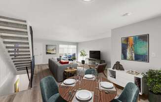 A dining room with a wooden table set for a meal.