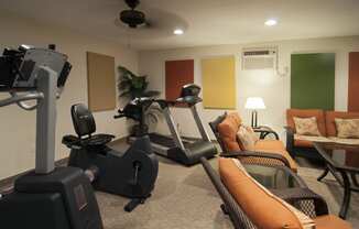 a home gym with a treadmill and exercise bike