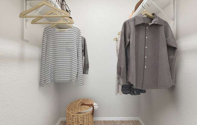 a closet with striped shirts hanging on the wall