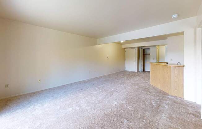 A large, empty living room with a carpeted floor at Canal Club Apartments, Lansing, 48917