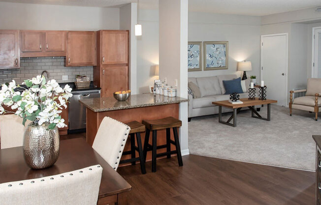 view from entry door, dining, kitchen, living room