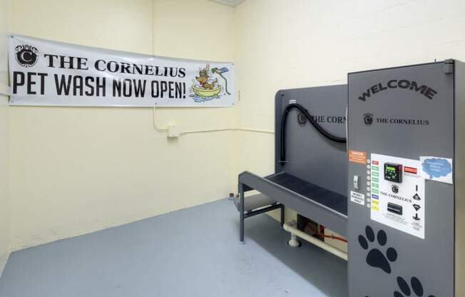 A pet wash station with a sign.