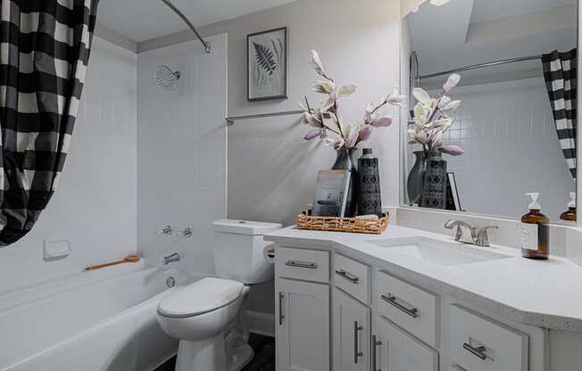 a bathroom with a toilet sink and tub and a mirror