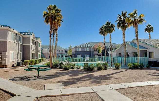 A sunny day at a residential area with palm trees and a green bench.