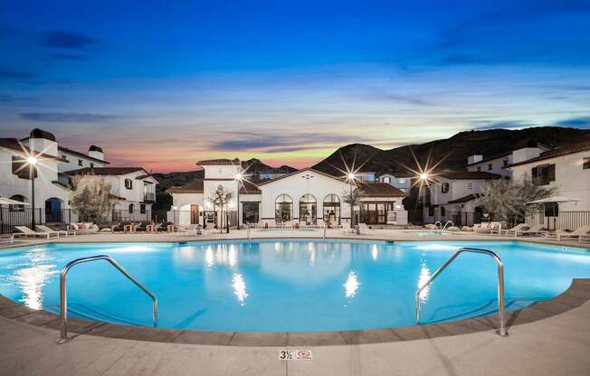 A large swimming pool in the middle of a resort at dusk at The Villas at Anacapa Canyon, Camarillo, 93012