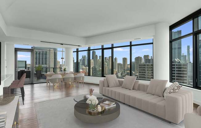 a living room with a white couch and a table and a view of the city at Cassidy on Canal, Chicago, Illinois, 60606