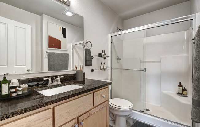 a bathroom with a sink toilet and shower