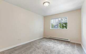 an empty room with carpet and a window