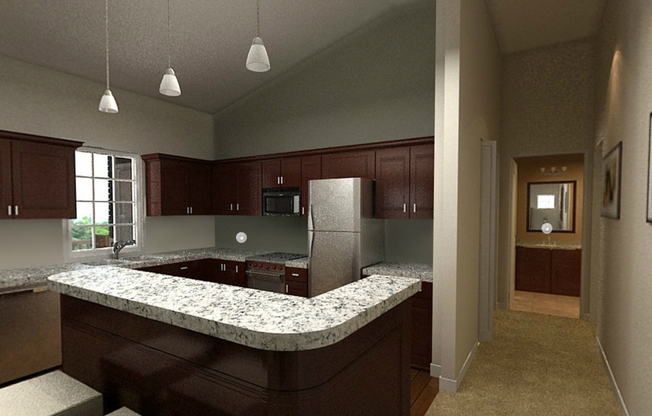 Kitchen area of an apartment fitted with a kitchen island, stainless steel appliances, spacious cabinets, and wooden flooring.