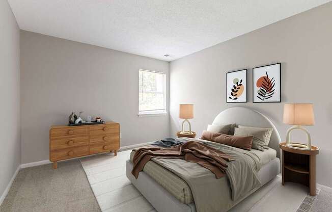 A bedroom with a bed, nightstand, and dresser.