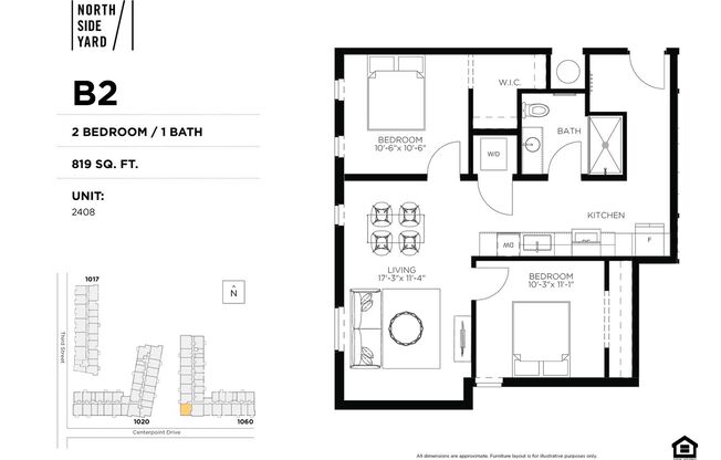 2 beds, 1 bath, 819 sqft, $1,575, Unit 2408