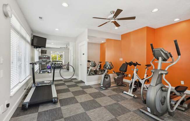 A home gym with a treadmill, elliptical machines, and a television.