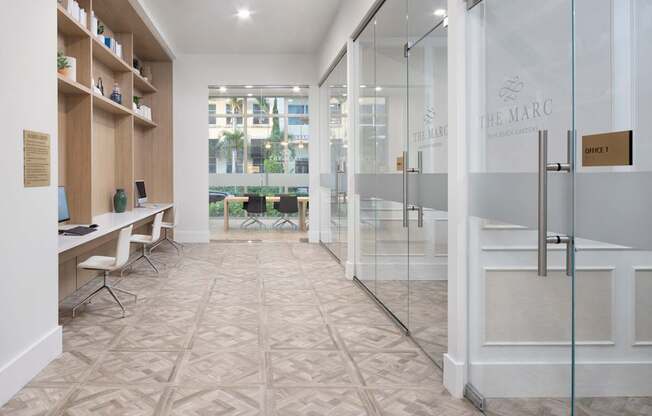 Rentable private office spaces and business center at The Marc Apartments in Palm Beach Gardens FL