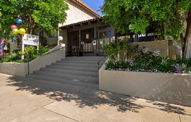 a view of the front of the building from the sidewalk