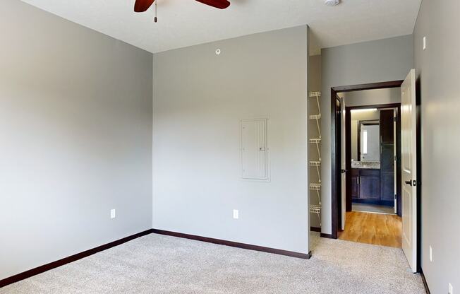 a bedroom with a walk-in closet and ceiling fan