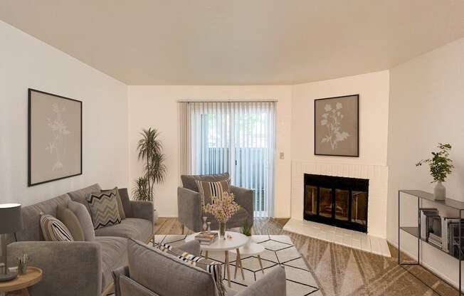 Living Room with Fireplace at Chesapeake Commons Apartments