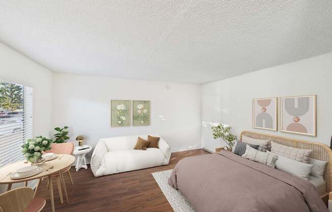 A bedroom with a bed, couch, and table.