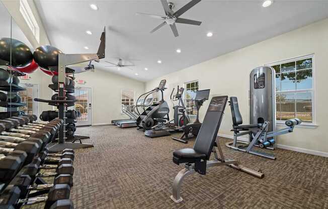 A well-equipped gym with a variety of exercise machines and weights.