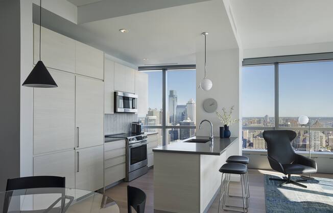 A modern kitchen with a view of the city.