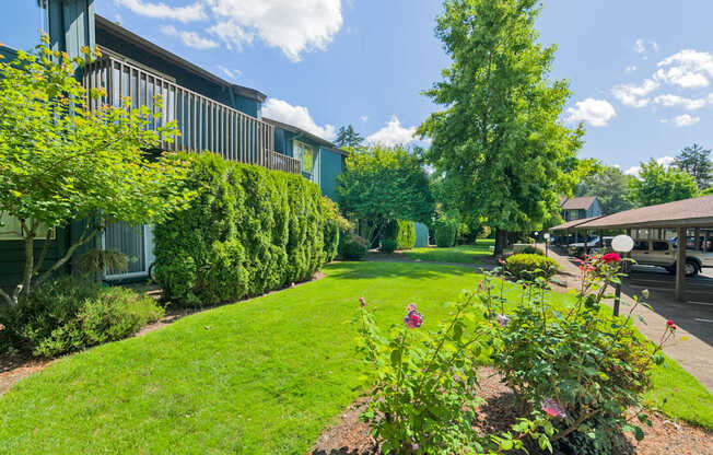 a green lawn in front of a building with trees and bushes