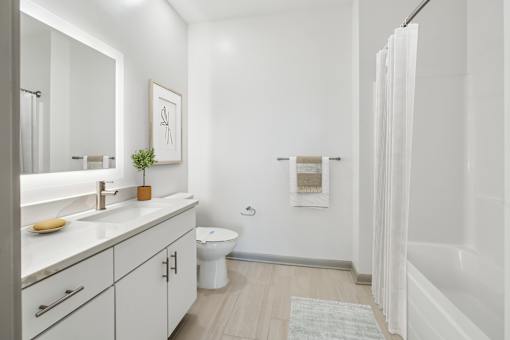 A white bathroom with a toilet, sink, and a plant at The Waterford At Rocketts Landing Apartments, PRG Real Estate, Richmond, Virginia