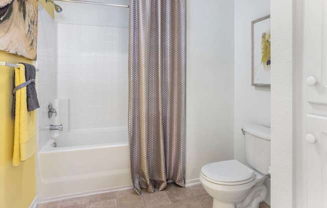A bathroom with a white toilet and a shower curtain.