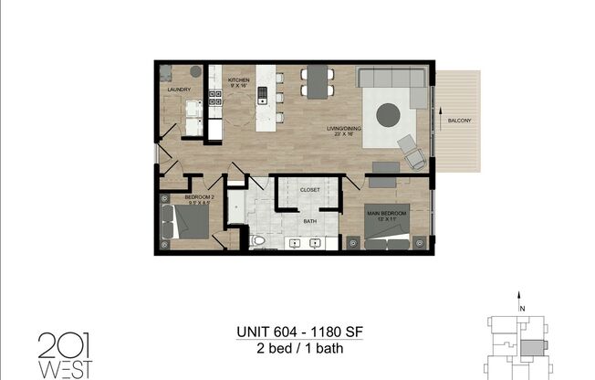 2 beds, 1 bath, 1,180 sqft, $1,800, Unit 604