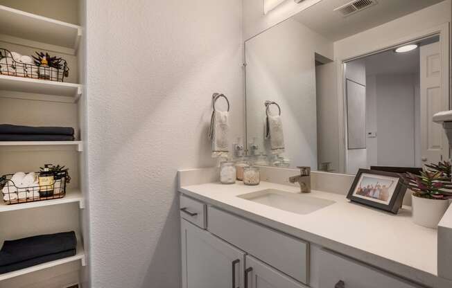 a bathroom with a sink and a mirror and a closet