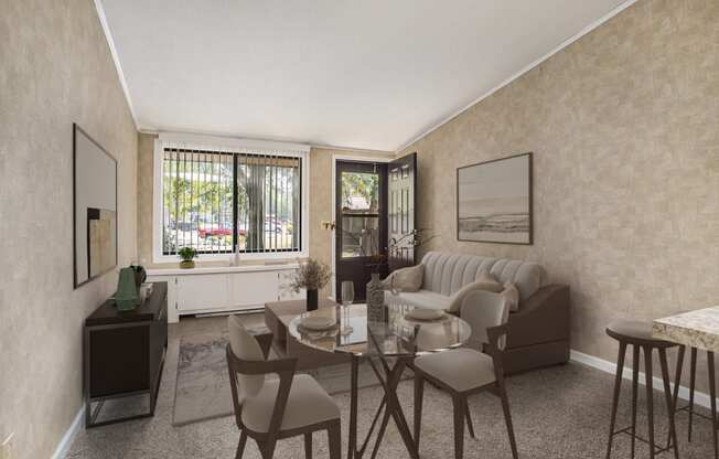 a living room with a couch and a table