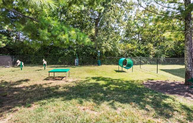 A green table is in the middle of a grassy area.