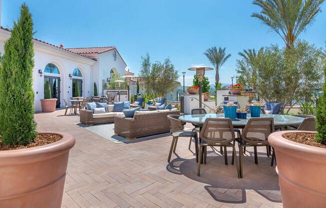 Outdoor seating area at Montecito Apartments at Carlsbad, California