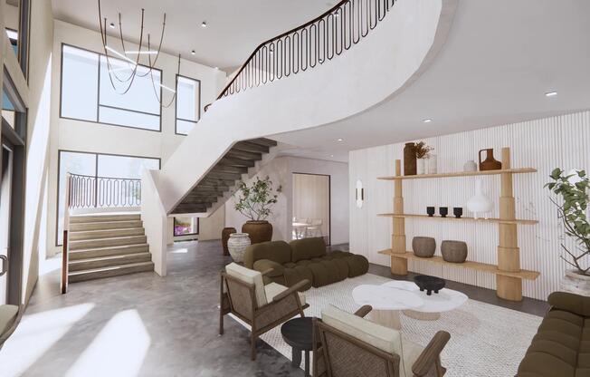 Hotel-inspired lobby featuring beachy hues, soft silhouettes, and nature-inspired materials.