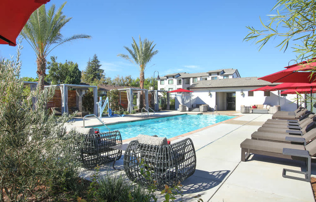 A pool area with sun loungers and palm trees.