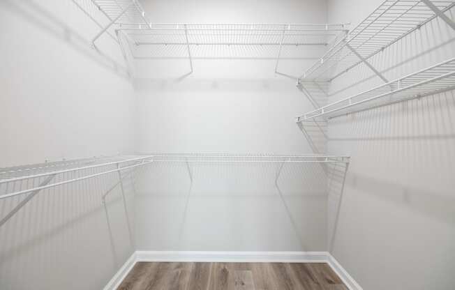 the walk in closet is empty and has white walls and shelves and a wood floor