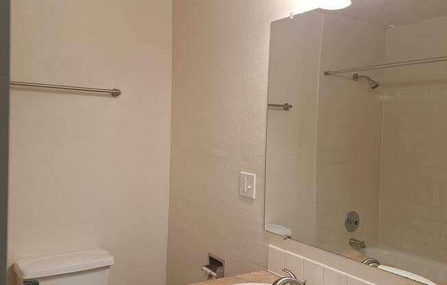 a bathroom with a sink toilet and mirror