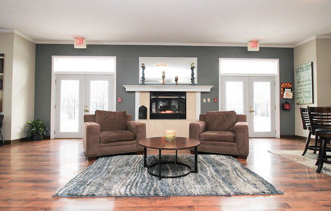 a living room with two couches and a coffee table