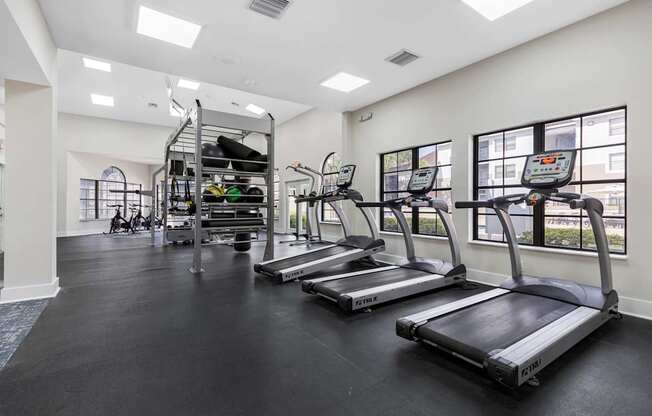 A gym with treadmills, elliptical machines, and a climbing wall.