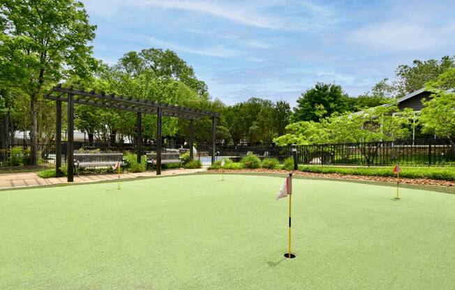 A flag is planted in a green lawn.