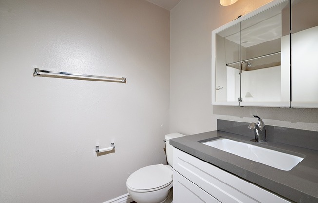 two bedroom bathroom with plank flooring