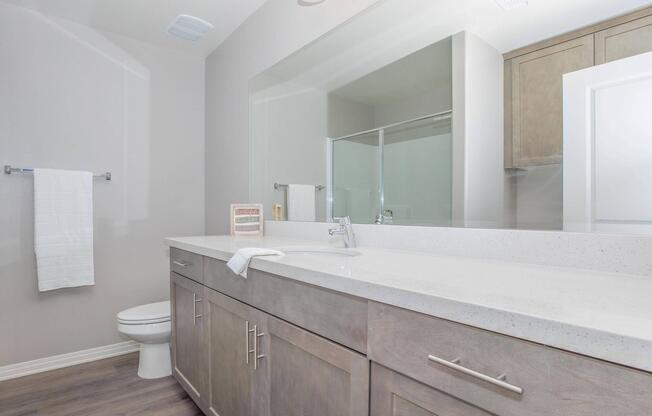 a room with a sink and a mirror