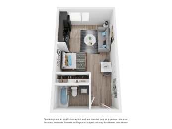 Studio, 1 bath, 297 sqft, $1,249