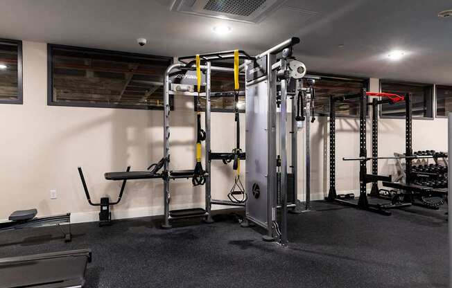 a gym with weights and cardio equipment in a home