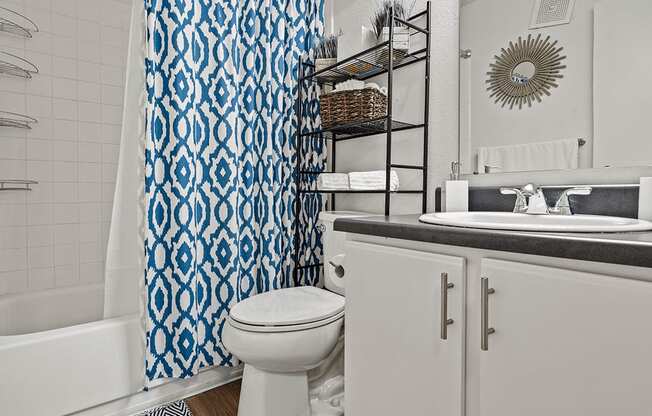 a bathroom with a blue and white shower curtain