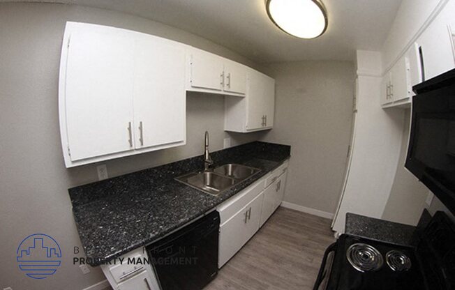 a kitchen with white cabinets and granite counter tops and a sink