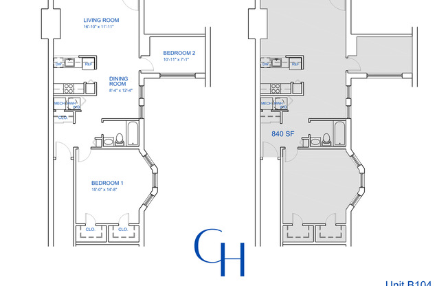 2 beds, 1 bath, 706 sqft, $2,186, Unit B-104