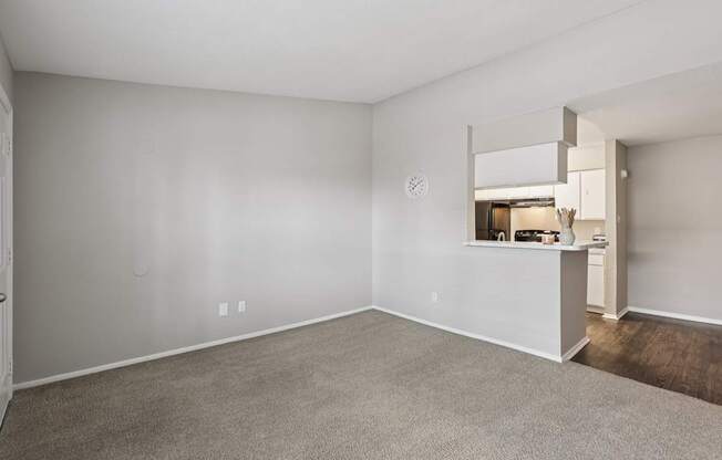 A large, empty room with a carpeted floor and a small kitchen area in the background.